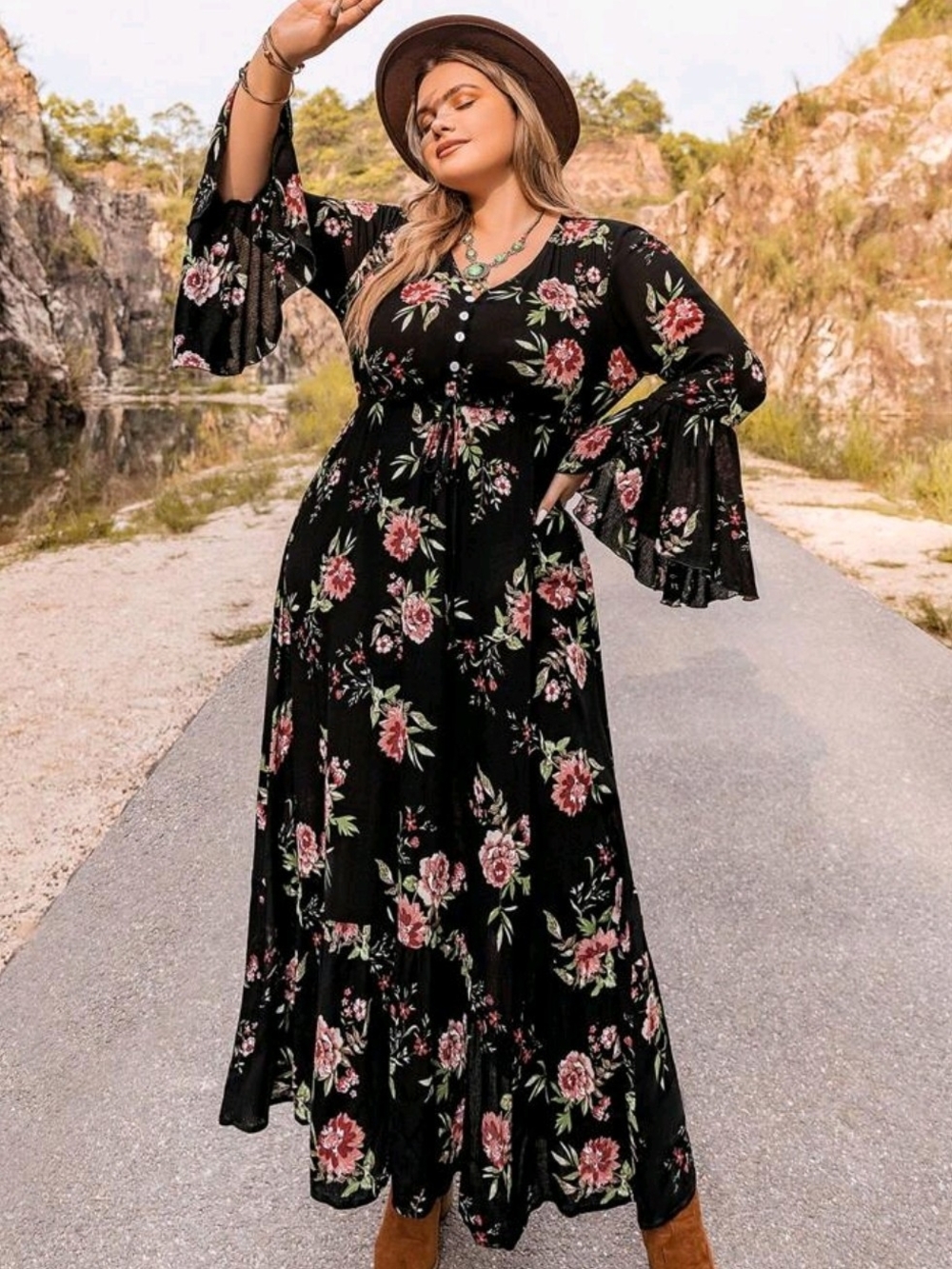 Floral V-Neck Maxi Dress in Black with Pink Roses